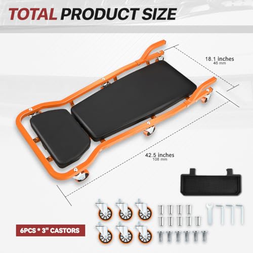Mechanic Creeper, Low Profile Under Car Rolling Creeper with Padded Headrest and 3 Swivel Casters, 300 LBS Weight Capacity, 42" L x 18" W, Orange