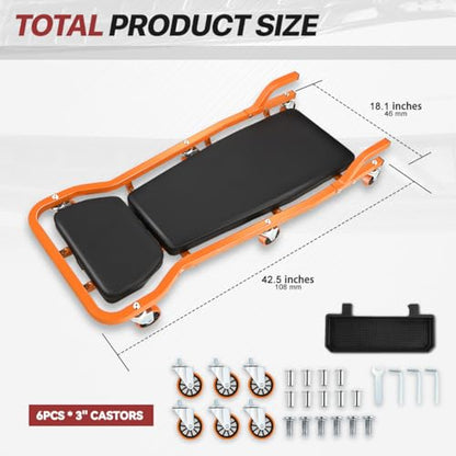 Mechanic Creeper, Low Profile Under Car Rolling Creeper with Padded Headrest and 3 Swivel Casters, 300 LBS Weight Capacity, 42" L x 18" W, Orange