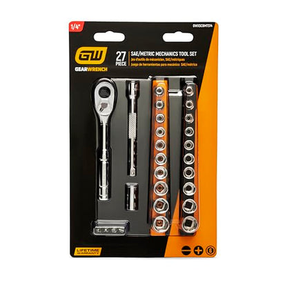 GEARWRENCH Mechanics Hand Tool Set, 27 Pc, 1/4 in Drive, Socket Rail and Bit Holder, Metric/SAE | GWXSCBMTS14 - size: 27 Piece, style: SAE/Metric