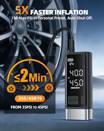Dual Cylinder Portable Tire Inflator, 150PSI Cordless Air Compressor | 5X Fast inflation with rechargeable battery+12V DC, memory function for pickup car vehicles