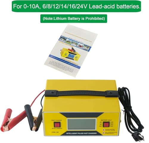6/8/12/14/16/24V Battery Charger Automotive 0-10A, Smart Car Golf Cart Battery Charger, Maintainer and Automatic Charger with Cable Clamps, Suitable for Lead-Acid Batteries (Yellow with Handle)