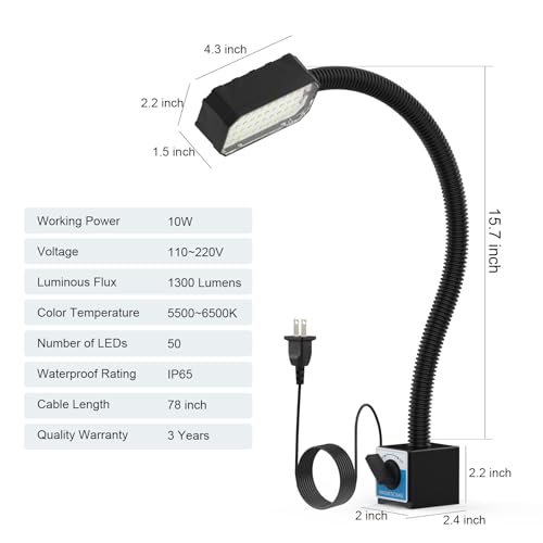 Magnetic Work Light, 1300 Lumens Led Machine Light with Strong Magnetic Base, Flexible Gooseneck Magnetic Lamp for Lathe and Drill Press, 10W 120V