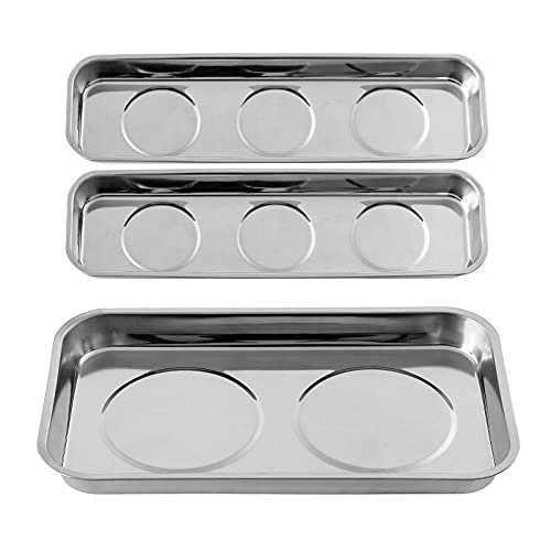 3 Pieces Magnetic Trays Set Stainless Steel Magnet Tool Tray Parts Holder for Screws, Sockets, Bolts, Pins, Mechanic's and Automotive - size: 3 Pieces Set (8.9" x 2.5" + 9.5" x 5.5")