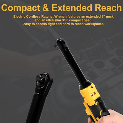3/8" Electric Cordless Ratchet Wrench Compatible with Dewalt 20V Series Batteries, 80 N.m Battery Powered Slim Power Ratchet Driver with Extended 6” Neck LED Light Variable Speed Trigger (Tool Only)