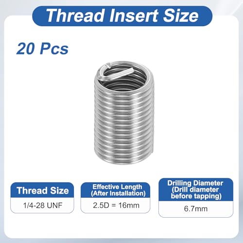 PATIKIL Wire Thread Inserts 1/4-28 UNF 2.5D 16mm, 20Pcs 304 Stainless Steel Helical Coiled Wire Screw Threaded Sleeve Sheath for Mechanical Equipment Automotive Repairs - size: 1/4-28 UNF, 16mm