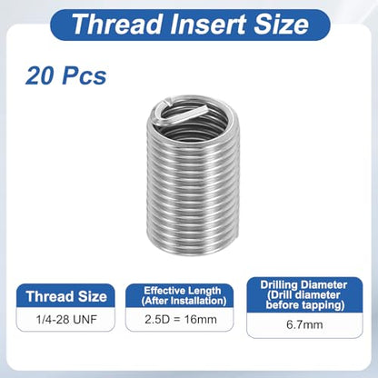 PATIKIL Wire Thread Inserts 1/4-28 UNF 2.5D 16mm, 20Pcs 304 Stainless Steel Helical Coiled Wire Screw Threaded Sleeve Sheath for Mechanical Equipment Automotive Repairs - size: 1/4-28 UNF, 16mm