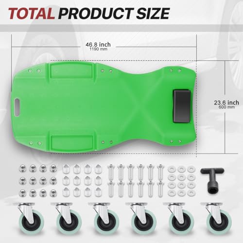 Mechanic Creeper 47 Inch, Low Profile Under Car Rolling Creeper with Padded Headrest and Tool Trays, 300 LBS Capacity, Green