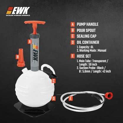 EWK 6L Oil Extractor Pump & Flexible Moldable Oil Funnel Kit, Spill-Free Fluid Change Solution for Cars, Motorcycles, Boats & Small Engines - size: 6L + Oil Funnel