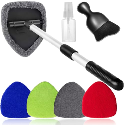 Qydipclin 7pcs Windshield Cleaner Tool Car Window Cleaning Wash Kit with 4 Reusable Microfiber Pads 1 Spray Bottle and Extendable Handle Auto Glass Wiper Kit, Multicolor - color: Blue & Green & Gray & Red