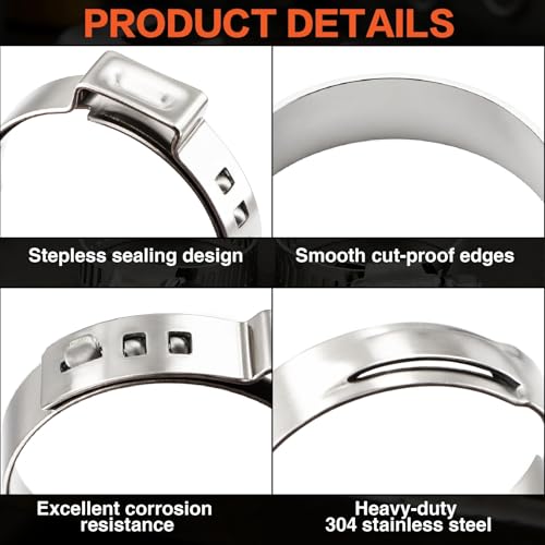 360PCS Stepless Single Ear Hose Clamp Kit - 16 Sizes 5.3-36.1mm (1/4"-1-3/8") 304 Stainless Steel Rustproof Leak-Proof Clamps with Pliers for Automotive Fuel Line, PEX Pipe, Marine & Home Plumbing - size: 360PCS