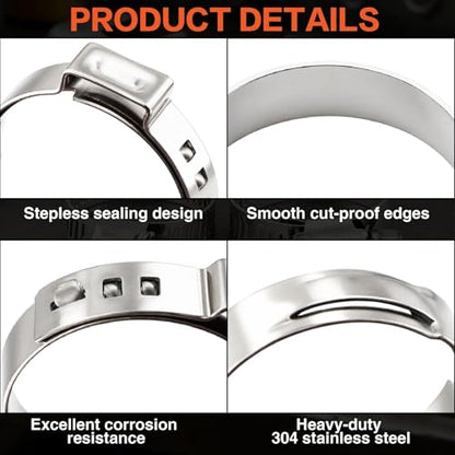 360PCS Stepless Single Ear Hose Clamp Kit - 16 Sizes 5.3-36.1mm (1/4"-1-3/8") 304 Stainless Steel Rustproof Leak-Proof Clamps with Pliers for Automotive Fuel Line, PEX Pipe, Marine & Home Plumbing - size: 360PCS