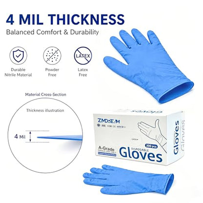ZMDREAM Nitrile Gloves 4-mil Thick 200 & 2000 Counts Latex-Free, Powder-Free, Textured Grip 4 Sizes for Exam, Food Service - size: Large