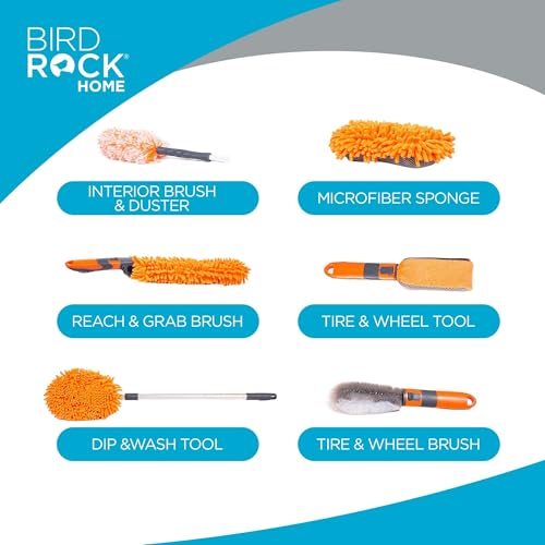BirdRock Home Car Wash and Detailing Kit | Includes 6 pcs | Exterior and Interior Cleaning | Wheel Brush | Sponge | Duster | Extendable Cleaning Tool