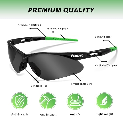 ProtectX Safety Glasses for Men & Women, Safety Sunglasses with Anti-Fog Scratch Resistant Lenses, Non-Slip Grips, ANSI Z87.1 - color: Evergreen Tinted Smoke 2 Pk