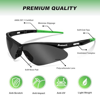 ProtectX Safety Glasses for Men & Women, Safety Sunglasses with Anti-Fog Scratch Resistant Lenses, Non-Slip Grips, ANSI Z87.1 - color: Evergreen Tinted Smoke 2 Pk