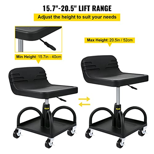 VEVOR Mobile Rolling Seat, 300LBS Capacity, 15.7" to 20.5" Adjustable Height, Mechanic Rolling Stool with Swivel Wheels and Tool Tray, for Workshop, Auto Repair Shop, Black