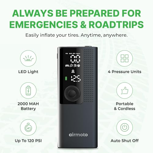 Airmoto and Carrying Case Bundle Deal - Tire Inflator Portable Air Compressor with Hard Case - Air Pump for Car Tires, Motorcycle, Bicycle - Cordless Tire Pump with Tire Pressure Gauge