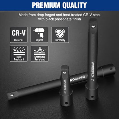 WORKPRO 1/2" Drive Impact Extension Bar Set, Socket Extensions | 3 PCS Socket Extensions, 3”, 6” and 8” Length, Premium Chrome Vanadium Steel - style: 1/2" DR