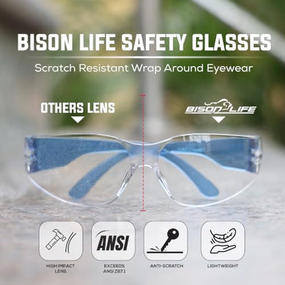 BISON LIFE Clear Safety Glasses – ANSI Z87.1 Certified Scratch & Impact Resistant Eye Protection Goggles for Men & Women - color: Clear/Blue