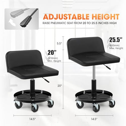 DNA Motoring Rolling Padded Seat Adjustable Height Seat 330lbs Capacity Rolling Mechanic Creeper Stool, W/Tool Storage Drawer & Tray, Black, TOOLS-00601 - style: Round Tray Black