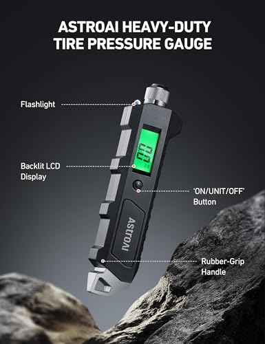 AstroAI Digital Tire Pressure Gauge, 230 PSI 4 Settings Heavy Duty for Car Bicycle with Larger Backlit LCD Flashlight and Non-Slip, Black - size: 1 Pack, style: Short Version