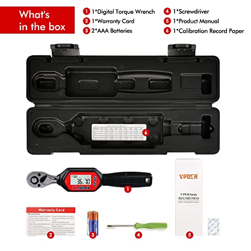 Digital Torque Wrench 3/8-inch Drive, 1.33-44.25 ft-lbs (1.8-60 Nm) (16-531 inch Pound) with Buzzer & LED, Calibrated (VTWM-60), Red