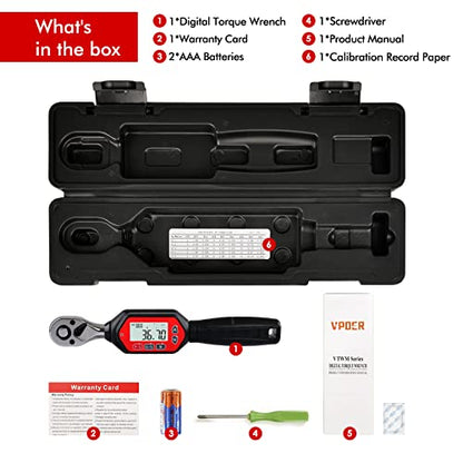Digital Torque Wrench 3/8-inch Drive, 1.33-44.25 ft-lbs (1.8-60 Nm) (16-531 inch Pound) with Buzzer & LED, Calibrated (VTWM-60), Red
