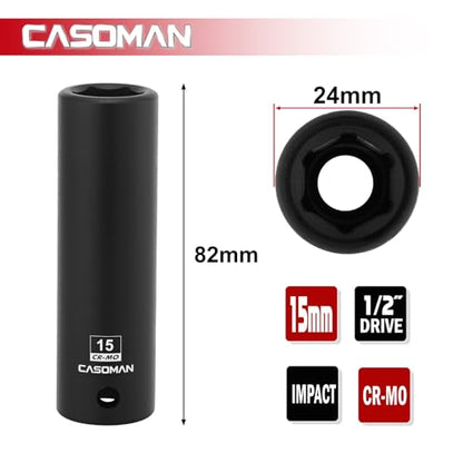 CASOMAN 1/2" Drive x 15mm Deep Impact Socket, 6-Point, Metric, CR-MO - size: 15 mm (Deep), style: 6-Point Socket