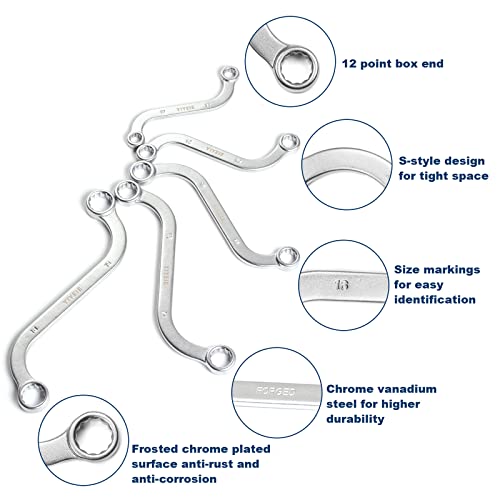 YIYEIE Offset S-Style Box End Wrench Set, 5-Piece, Chrome Vanadium Steel, 10x11mm, 12x13mm, 14x15mm, 16x17mm, 18x19mm - size: S Style Set Metric