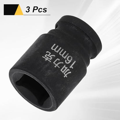 HARFINGTON 3pcs 4 Point Square Socket 1/2" Drive 16mm Metric Square Impact Socket CR-V Blackening Standard Wheel Sleeve Pneumatic Sleeve Tool for Auto Repair Mechanical Maintenance Home Use - size: 16mm
