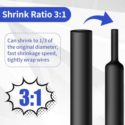 420 pcs Heat Shrink Tubing Kit, 3:1 Ratio Adhesive Lined, 7 Sizes | Marine Heat Shrink Wrap Tubing. Waterproof Black Heatshrink Tubes for Industrial, Electrical, Cable Repair