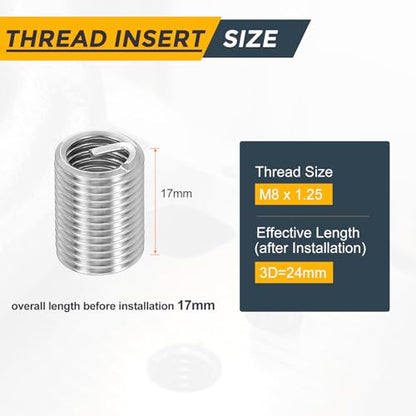 HARFINGTON 20pcs Wire Thread Repair Inserts M8 x 1.25 x 3D (24mm) Metric 304H Stainless Steel Helical Coiled Wire Screw Threaded Sleeve Sheath for Automotive Repairs - size: M8 x 1.25 x 3D