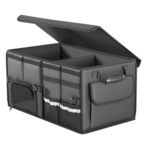 Trunk Organizer Car Organizer Leather Storage Box Foldable Trunk Organizer for SUVs & Sedans Sturdy Car Organization for Car Accessories, Tools, Sundries, Collapsible and Adjustable, 23.6 Inch - size: L (50L)