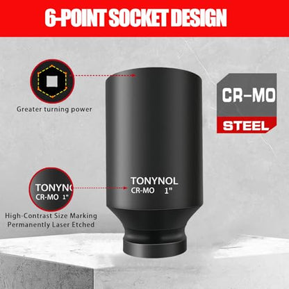TONYNOL 1/2 Inch Deep Drive Impact Socket Set,6-Point,SAE(3/8" to 1-1/4"),14 Pcs,Cr-Mo Steel,With a Storage Case - size: 1/2" 14PC Deep SAE (9.5-32mm), style: 6-Points