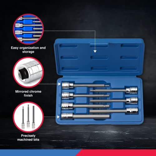 Neiko 10076A 3/8-Inch Drive Extra Long Allen Hex Bit Socket Set, Metric, 3 mm - 10 mm | S2 and Cr-V Steel, 7-Piece Set - style: Metric