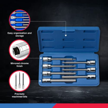 Neiko 10076A 3/8-Inch Drive Extra Long Allen Hex Bit Socket Set, Metric, 3 mm - 10 mm | S2 and Cr-V Steel, 7-Piece Set - style: Metric