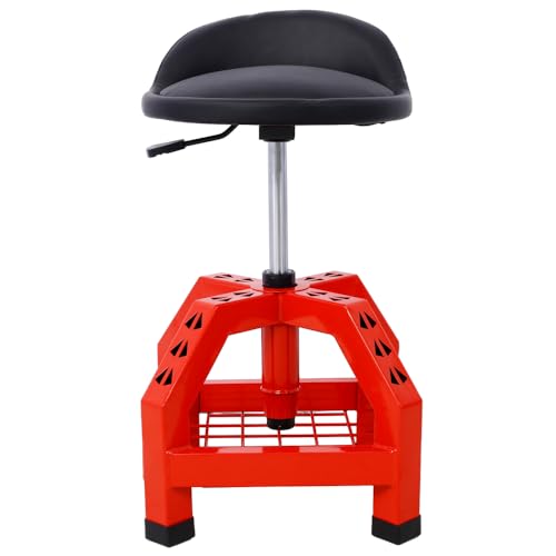 Mechanic Stool with Wheels, 360 Degree Swivel Rolling Garage Stool with 22.5”-27.5” Height Adjustment, 330 LBS Capacity, Tool Tray, Heavy Duty Creeper Seat, Shop Stool for Workshop (Red) - color: Red