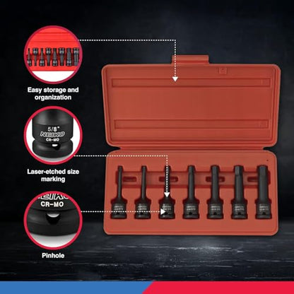 NEIKO 01131B 3/8-Inch-Drive Allen Socket Set, 3-Inch Length, 3/8-Inch Impact Hex-Bit Socket Set, SAE Hex Driver 3/16" to 1/2", CrMo Steel, Impact-Grade, 7-Piece Set - style: SAE