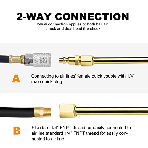 LUMITECO 2-Way Connection 13.8" Extended Air Chuck Set, 1/4 in FNPT Straight Foot Dual Head Tire Inflate Chuck with Standard Brass Quick Plug, Tire Air Compressor Fill Kit for Truck RV Dually Tires - size: 14'' - Solid Brass