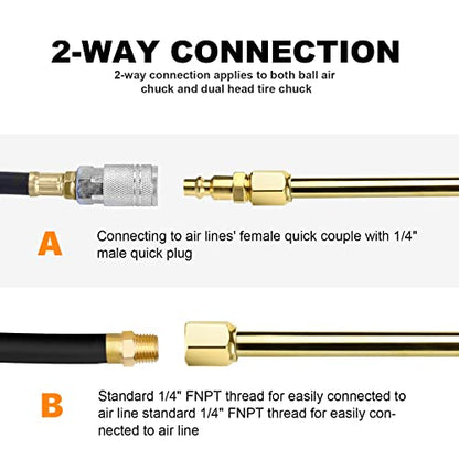 LUMITECO 2-Way Connection 13.8" Extended Air Chuck Set, 1/4 in FNPT Straight Foot Dual Head Tire Inflate Chuck with Standard Brass Quick Plug, Tire Air Compressor Fill Kit for Truck RV Dually Tires - size: 14'' - Solid Brass