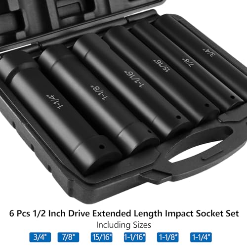 1/2 Inch Drive Extended Length Impact Socket Set - Ryansunoro 1/2 Impact Socket Set with 6 Sizes 3/4", 7/8", 15/16", 1-1/16”, 1-1/8", 1-1/4" Extra Deep Socket Set Kit, Mechanical Equipment Maintenance