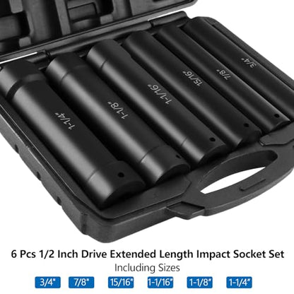 1/2 Inch Drive Extended Length Impact Socket Set - Ryansunoro 1/2 Impact Socket Set with 6 Sizes 3/4", 7/8", 15/16", 1-1/16”, 1-1/8", 1-1/4" Extra Deep Socket Set Kit, Mechanical Equipment Maintenance