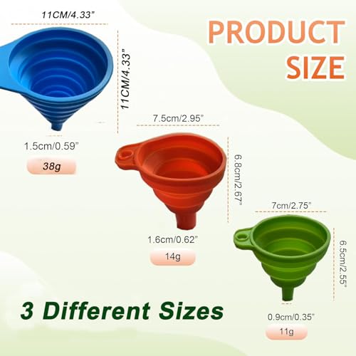Kitchen Funnel Set 3 Pack,Large,Medium and Small,Kitchen Gadgets Accessories Foldable Silicone Collapsible Food Grade Funnels for Kitchen Use Daily Cooking Filling Bottles Liquid Powder Transfer