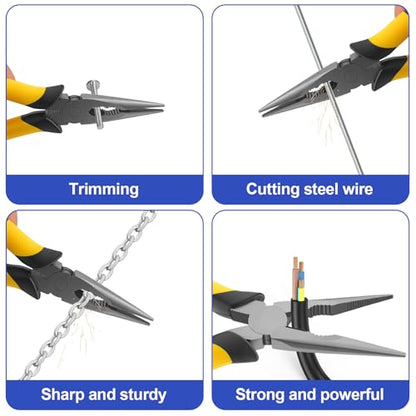 8-Inch Premium Needle-Nose Pliers, Wiojided High-Carbon Steel Precision Long Nose Pliers with Wire Cutter, Anti-Slip Soft Grip, Paper Clamp Design for Home, Jewelry, Crafts, Fishing, Narrow Spaces