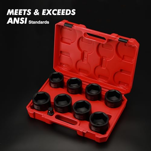 CASOMAN 9PCS 3/4" Drive Spindle Axle Nut Impact Socket Set, Include 1/2" to 3/4" Adapter, 6 Point, CR-MO, 2-1/16" to 2-1/2", Large Socket Set, Heavy Duty Use In Removing And Installing Axle Nuts - size: 9 PCS (2-1/16" to 2-1/2")