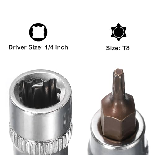 uxcell 3pcs 1/4" Drive x T8 Torx Bit Socket, S2 Steel Bits CR-V Sockets 38mm Length Use with Ratchet Wrench, Slide Bar, Extension Rod - size: T8