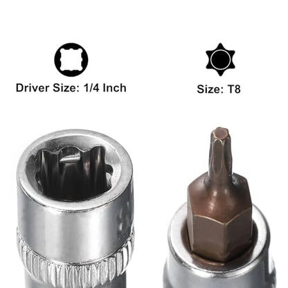 uxcell 3pcs 1/4" Drive x T8 Torx Bit Socket, S2 Steel Bits CR-V Sockets 38mm Length Use with Ratchet Wrench, Slide Bar, Extension Rod - size: T8
