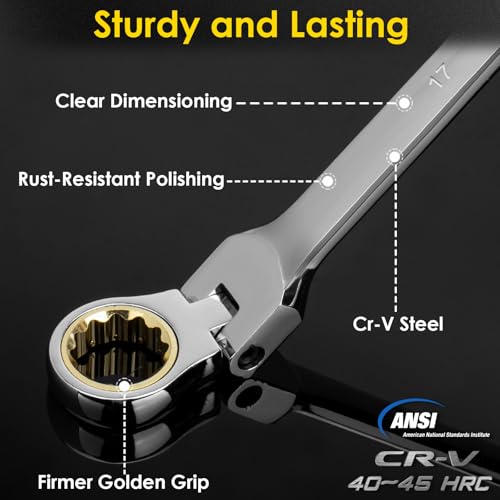 YIYEIE 17 * 19 mm Extra Long Flex-Head Ratcheting Wrench, Metric, 72-Tooth Double Box End Long Handle Ratchet Wrench, CR-V Steel with Mirror Finish Labor-Saving Spanner - size: Extra Long 17mm x 19mm