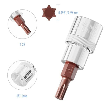 2PCS 3/8" Drive T27 Torx Bit Socket, S2 Steel Bits, Heat Treated CR-V Steel Star Sockets 1.9" Length - size: T27