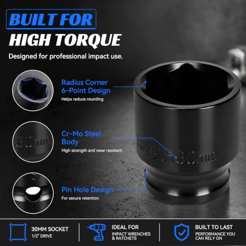 2PCS 30mm Impact Socket 1/2" Drive, 6 Point Metric Shallow Socket, CR-V Steel Heavy Duty Impact Wrench Socket for Automotive Repair - size: 30mm